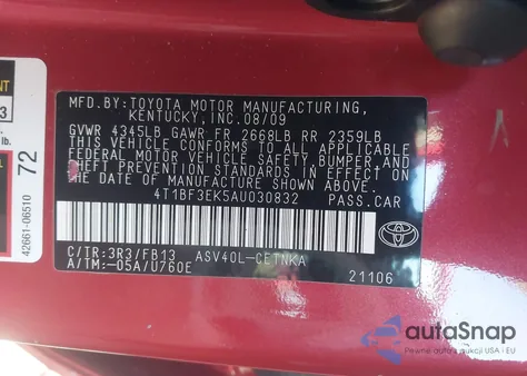 2010 Toyota Camry Le из США, поврежденный, VIN 4T1BF3EK5AU030832